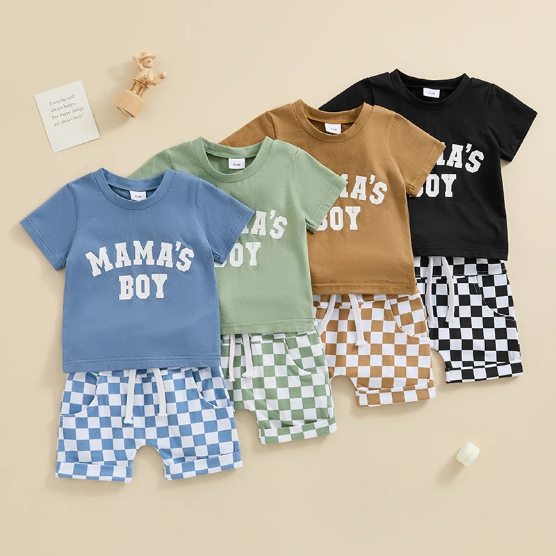 Toddler Baby Boys 2Pcs Mama's Boy Spring Summer Clothes Outfits Letters Print Top with Plaid Checker Shorts Clothing Set