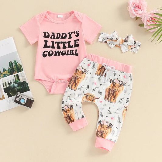 Baby Girls 3Pcs Daddy's Little Cowgirl Short Sleeve Letters Print Romper with Cow Print Pants and Headband Set