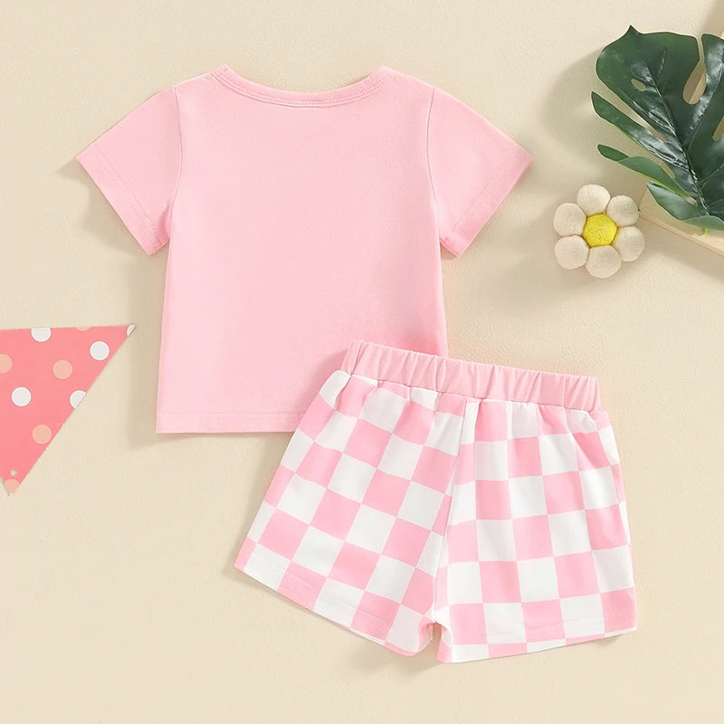 Baby Toddler Girl 2Pcs Shorts Outfit Checkered Print Short Sleeve Pocket Top with Checker Elastic Waist Shorts Set