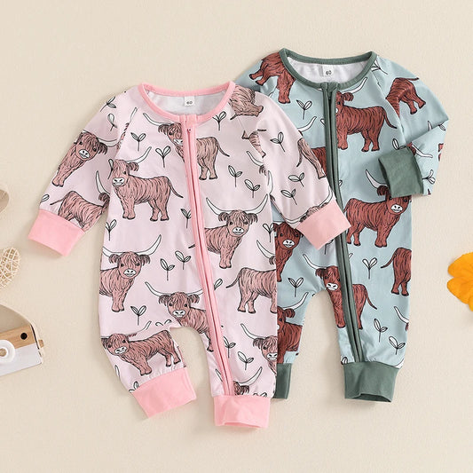 Baby Girls Boys Highland Cow Romper Print Long Sleeve Zipper Jumpsuit Fall Bodysuit