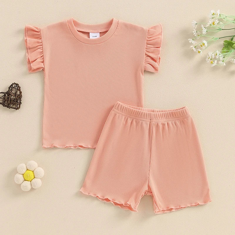 Baby Toddler Girls 2Pcs Summer Outfit Short Sleeve Lettuce Trim Top + Shorts Set