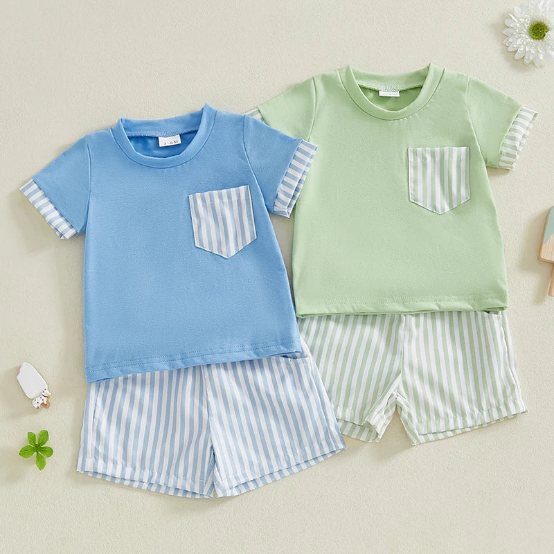 Baby Toddler Boys 2Pcs Set O-Neck Short Sleeve T-shirt Top Striped Elastic Waist Shorts Summer Outfit