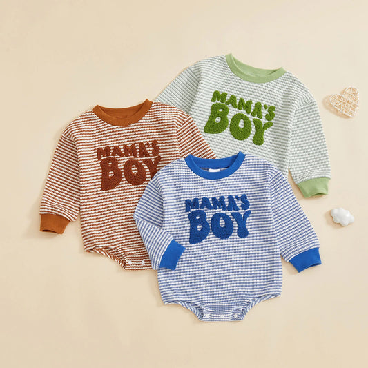 Baby Boy Romper Long Sleeve Crew Neck Striped Embroidery Mama's Boy Letters Fall Bodysuit