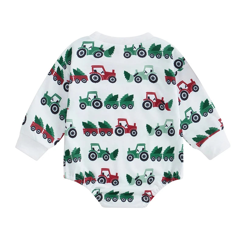 Baby Boy Girl Winter Romper Christmas Tractor Tree Print Long Sleeve Pocket Jumpsuit