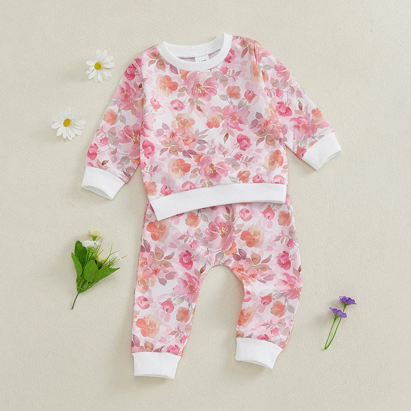 Baby Toddler Girl 2Pcs Spring Fall Outfit Long Sleeve Flower Print Top + Pants Jogger Set