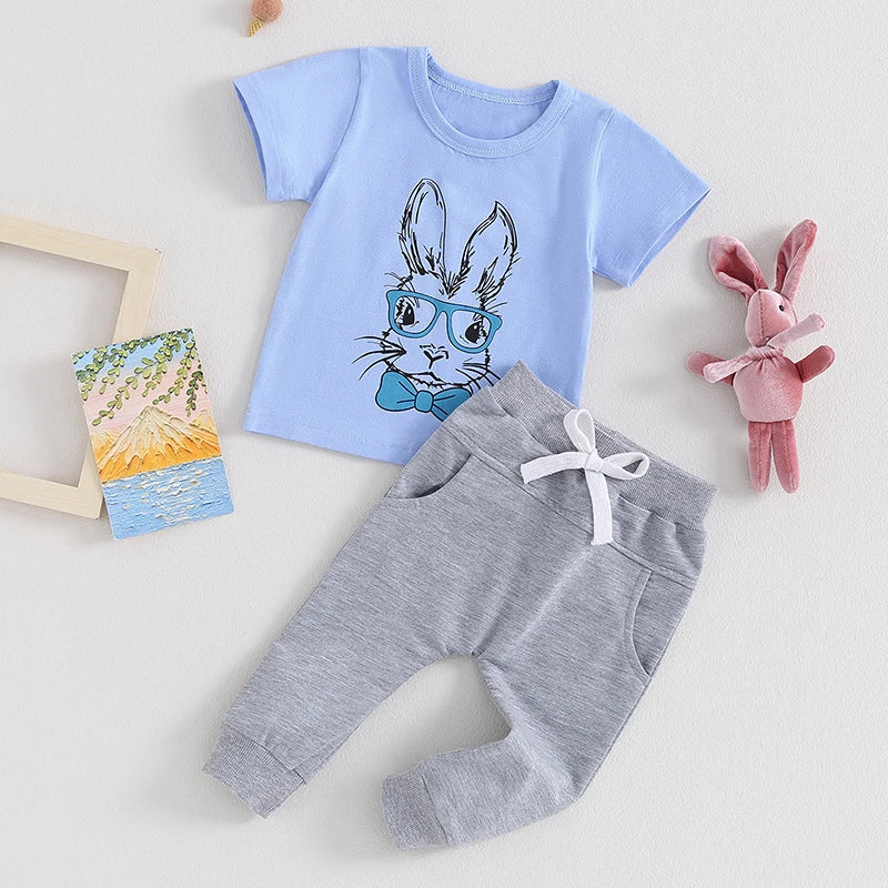 Baby Toddler Boy 2Pcs Easter Clothes Outfit Bunny Glasses Print Short Sleeve T-Shirt Top Elastic Waist Long Pants Set