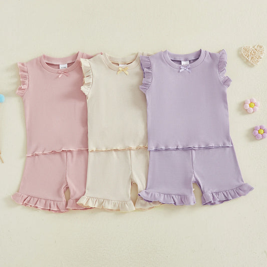 Baby Toddler Girls 2Pcs Summer Outfit Solid Color Bow Decor Flutter Sleeve Round Neck Tank Top and Ruffled Shorts Set