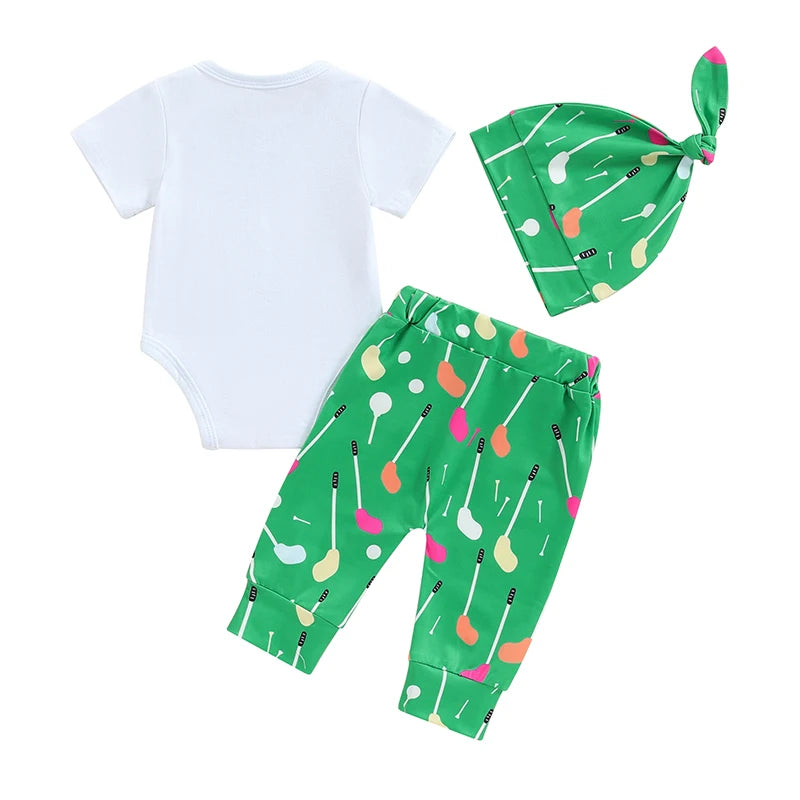 Baby Boys 3Pcs I Just Shanked My Pants Summer Outfit Letter Golf Print Crew Neck Short Sleeve Romper Long Pants Hat Clothes Set