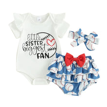 Load image into Gallery viewer, Baby Girl 3Pcs Little Sister Biggest Fan Outfit Letter Print Short Sleeve Romper Baseball Print Ruffles Shorts Skirt Bow Headband Clothes Set
