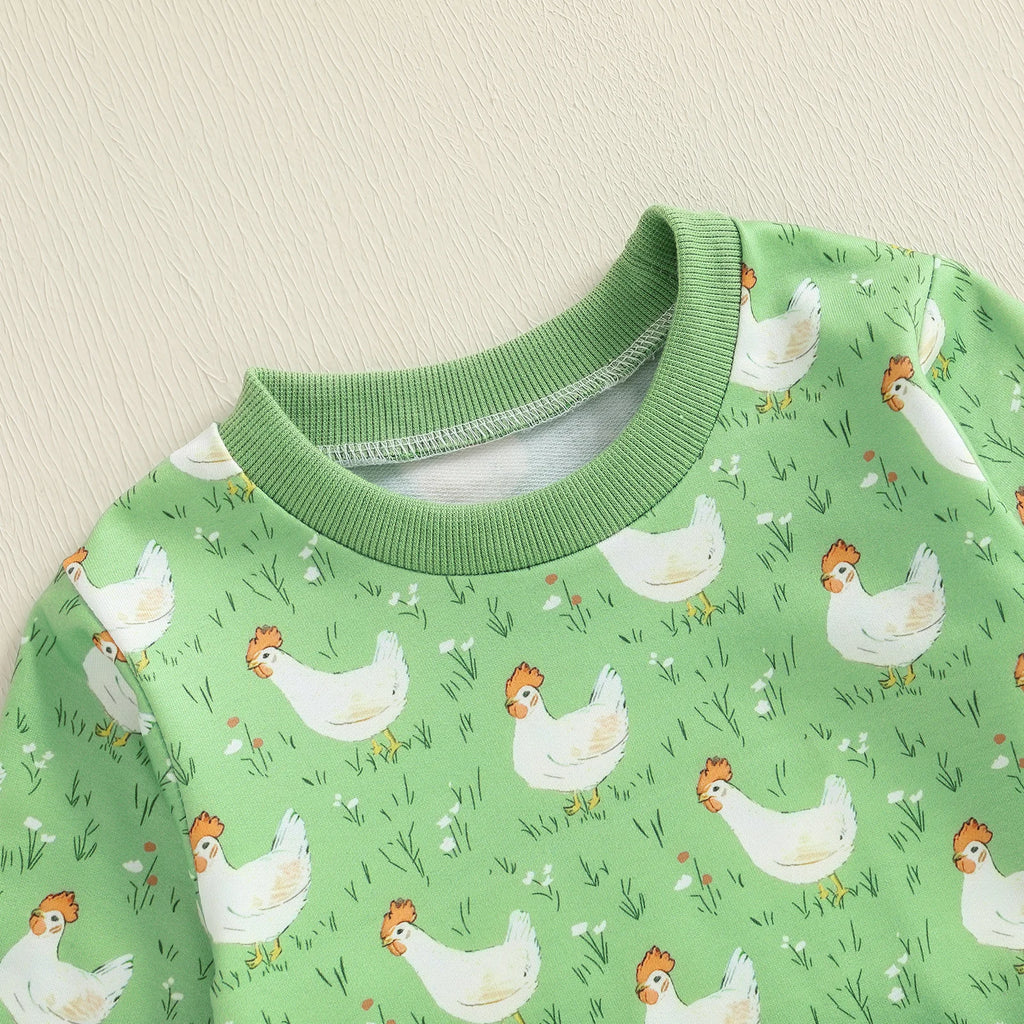 Baby Toddler Boys Girls 2Pcs Fall Outfit Long Sleeve Farm Chicken Print Top Jogger Pants Set