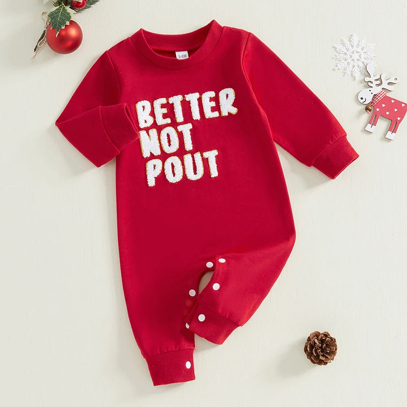 Baby Boys Girls Christmas Jumpsuit Better Not Pout Letter Embroidered Long Sleeve Romper Jumpsuit