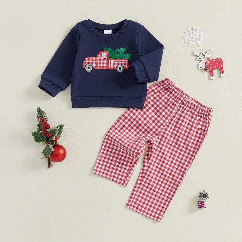 Baby Toddler Boys 2Pcs Christmas Outfit Santa/Truck Embroidery Long Sleeve Top and Plaid Long Pants Set