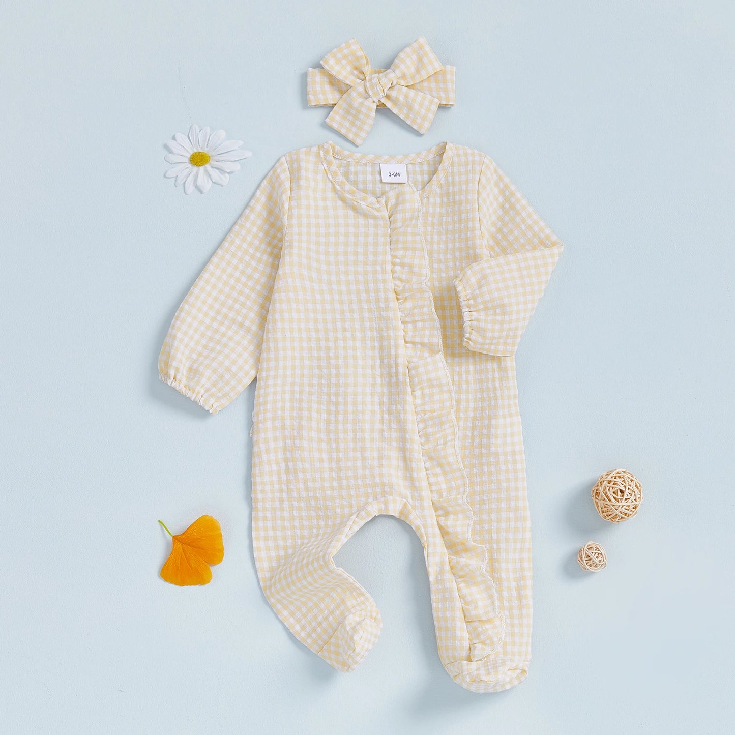 Baby Girl 2Pcs Fall Footies and Headband Set Plaid Ruffled Trim Zip Front Long Sleeve Zipper Romper