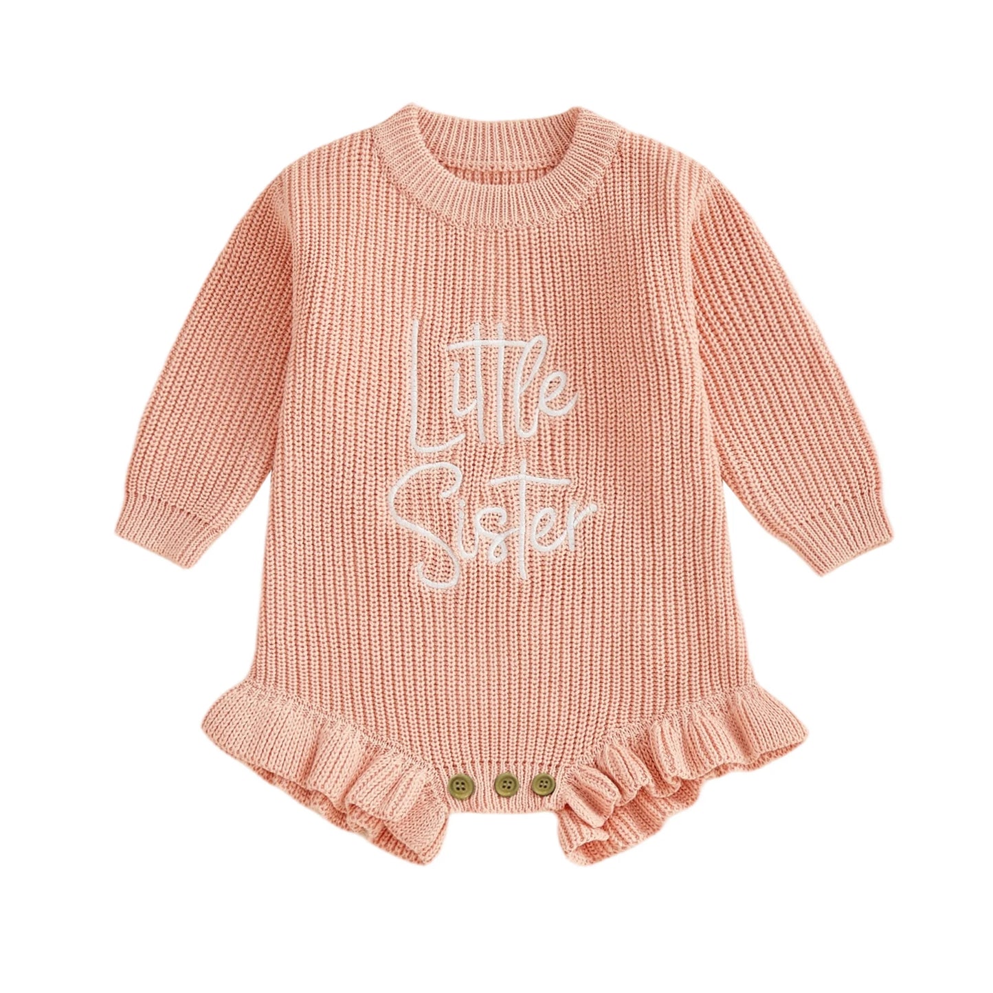 Baby Girl Sweater Romper Little Sister Long Sleeve Round Neck Letter Embroidery Knit Bodysuit