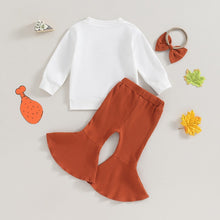 Load image into Gallery viewer, Baby Toddler Girls 3Pcs Thanksgiving Set Long Sleeve Letter Turkey Gobble Til You Wobble Print Top Flared Pants Headband Bow
