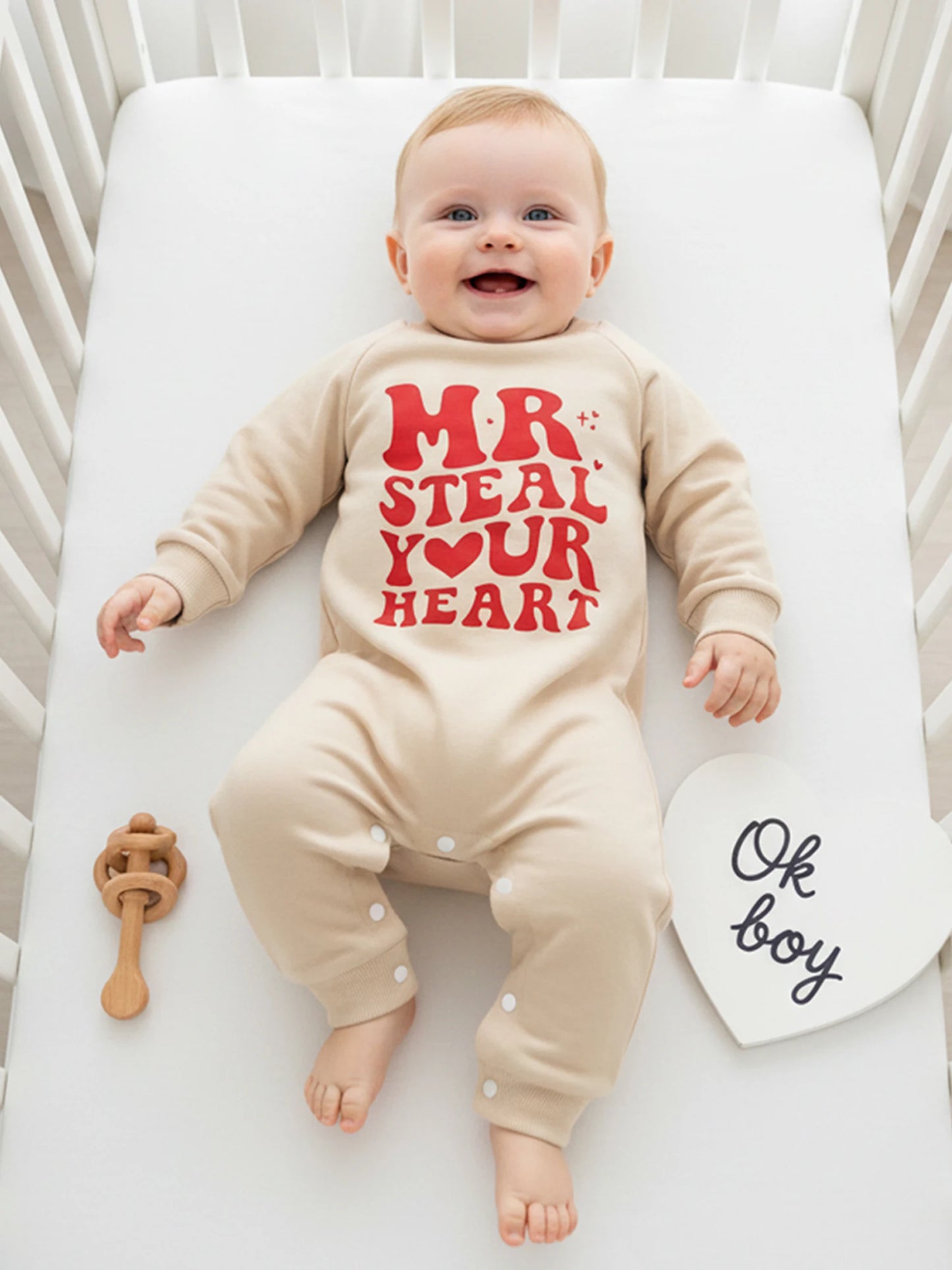 Baby Boy Valentines Romper Mr. Steal Your Heart Fashionable Cute Letters Printed Long Sleeve Jumpsuit