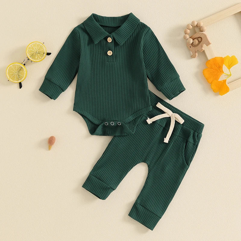 Baby Boys Girls 2Pcs Ribbed Set Button Long Sleeve Romper with Collar Drawstring Pocket Long Pants Outfit Clothes