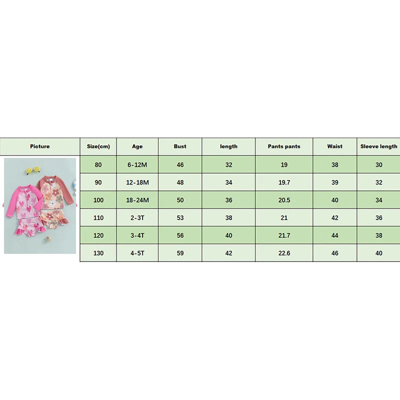 Baby Toddler Girls 2Pcs Summer Swimsuit Set Flower Bow Print Zip-up Rash Guard Long Sleeve Swim Top and Shorts Bathing Suit