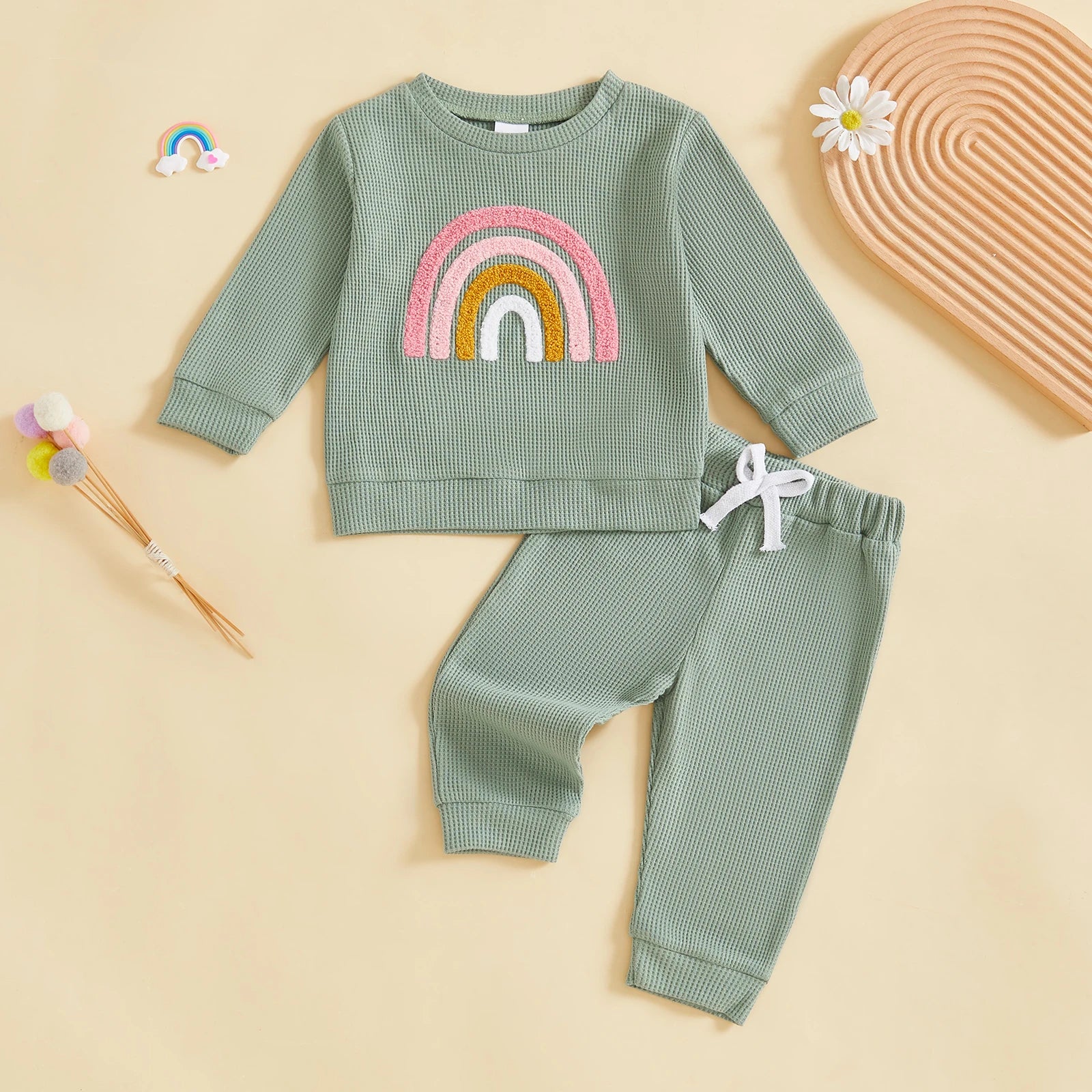 Baby Toddler Girls 2Pcs Fall Set Fashionable Rainbow Embroidery Long Sleeve Pullover Top with Jogger Pants Outfit