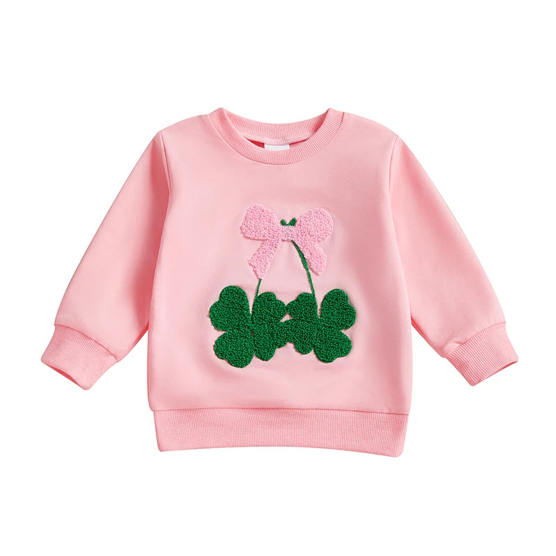 Baby Toddler Girls St. Patrick's Day Irish Bow Four Leaf Clover Embroidery Long Sleeve Pullover Top Casual Spring Clothes