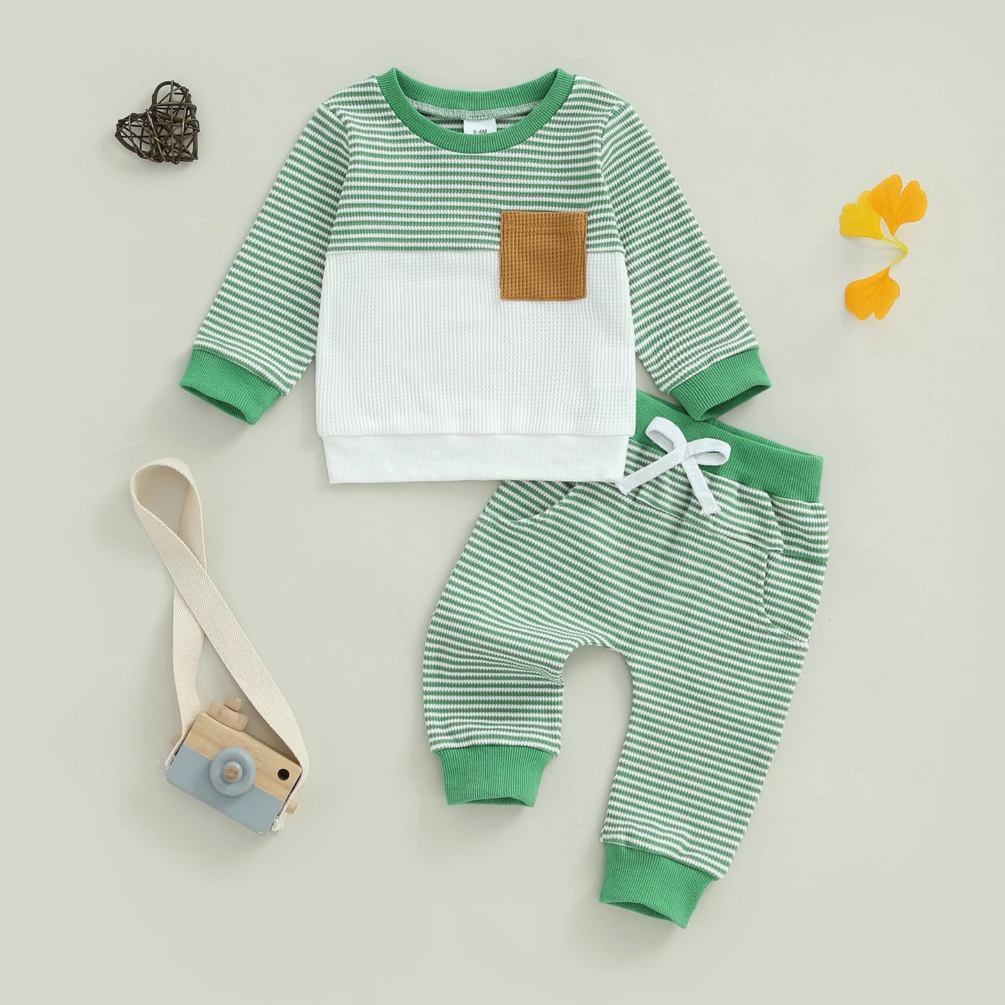 Baby Toddler Boys 2Pcs Fall Waffled Outfits Stripe Pocket Long Sleeve Round Neck Pullover + Elastic Waist Pants Jogger Set