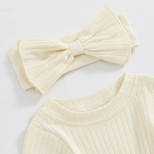 Load image into Gallery viewer, Baby Girls Spring Fall Solid Color Round Neck Long Sleeve Ribbed Romper Bow Headband Set
