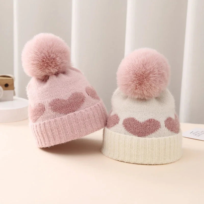 Baby Girl Winter Hat Cute Heart Pattern Plush Pom Pom Knit Beanie Warm