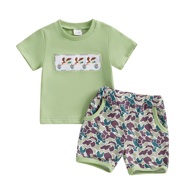 Baby Toddler Boys 2Pcs Summer Outfit Duck Embroidery Short Sleeve Top and Elastic Camouflage Shorts Set