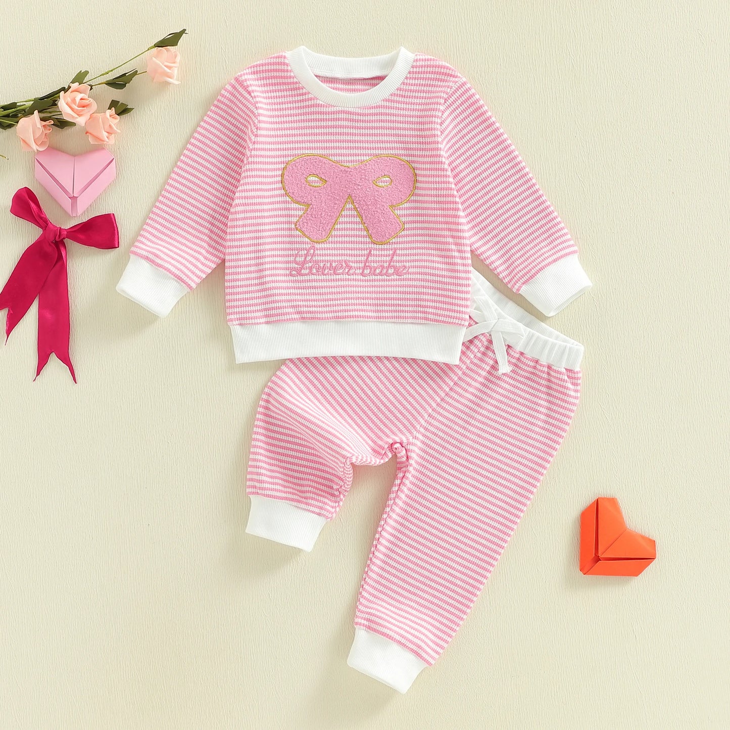 Baby Toddler Girl 2Pcs Valentine's Day Outfit Striped Bow Letter Be Mine / Love Embroidered Long Sleeve Top and Pants 2 Jogger Set