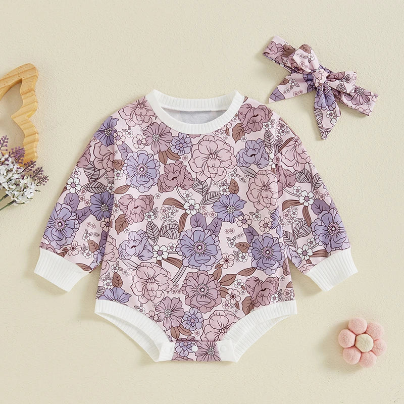 Baby Girls 2Pcs Autumn Casual Romper Long Sleeve O Neck Flower Print Romper with Headband Set