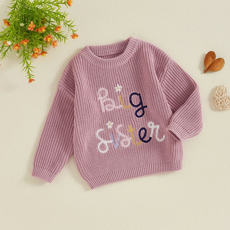 Baby Toddler Kids Girls Big Sister Fall Winter Sweater Casual Letter Flower Embroidery Crew Neck Long Sleeve Pullover Top