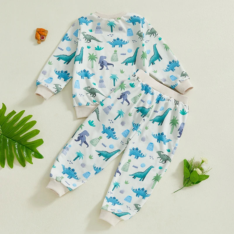 Toddler Kids Boys 2Pcs Outfit Dinosaur Print Long Sleeve Top with Pants Fall Outfit Jogger Set