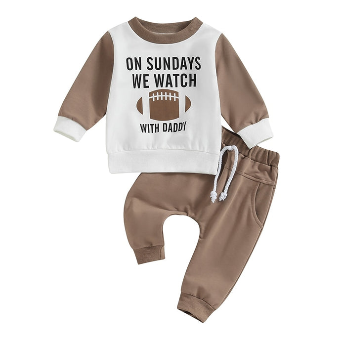 Baby Toddler Boys Girls 2Pcs Fall Outfits Football and On Sundays We Watch Football With Daddy Print Long Sleeve Top Long Pants