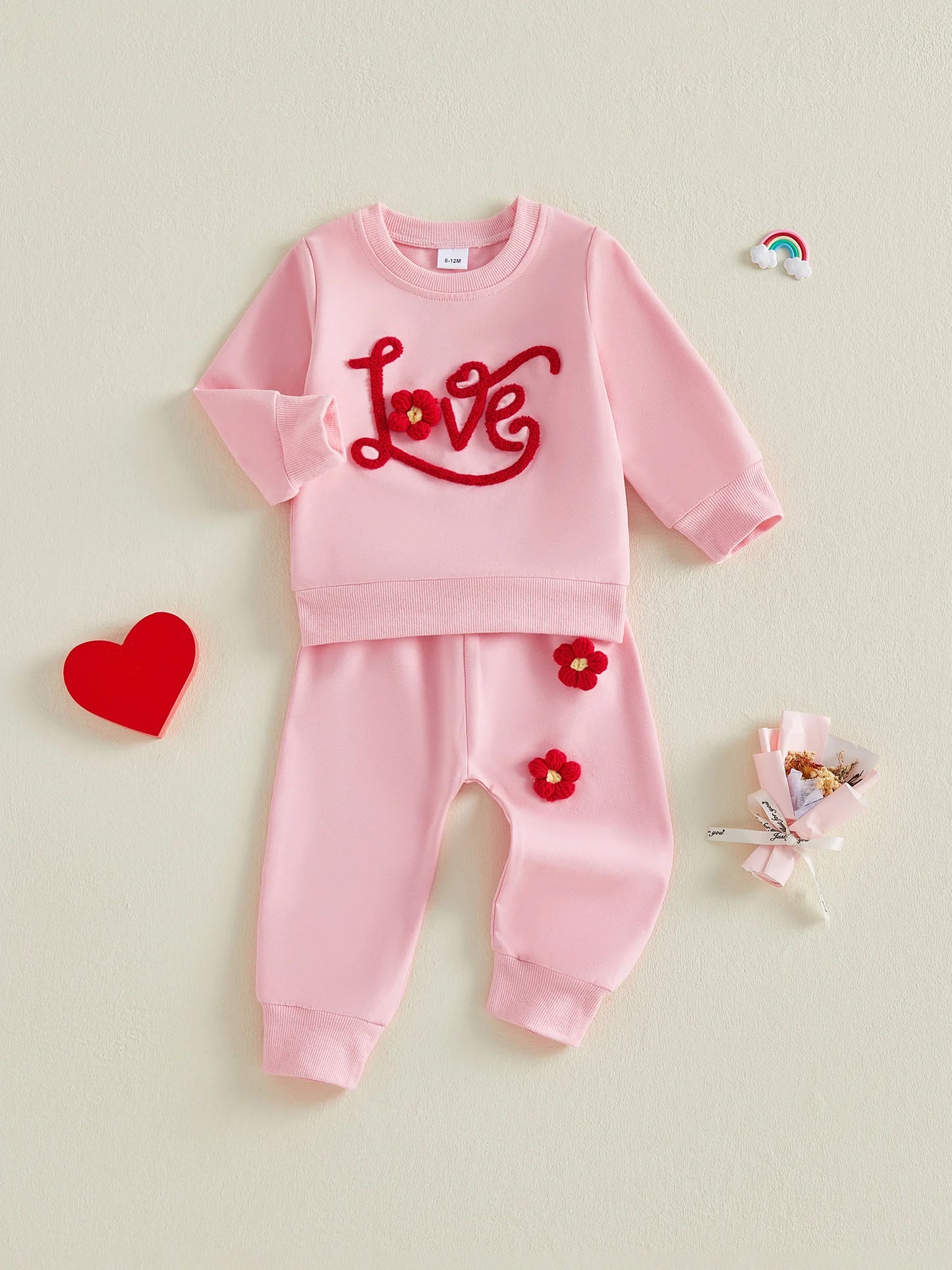Baby Toddler Girls 2Pcs Valentine's Day Clothes Long Sleeve Crew Neck 3D Crochet Flower Love Decor Top and Pants Jogger Set