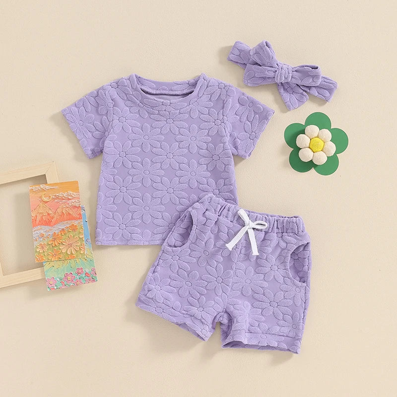 Baby Toddler Girls 3Pcs Flower Pattern Fabric Short Sleeve Top with Elastic Waist Shorts with Hairband Outfit Set