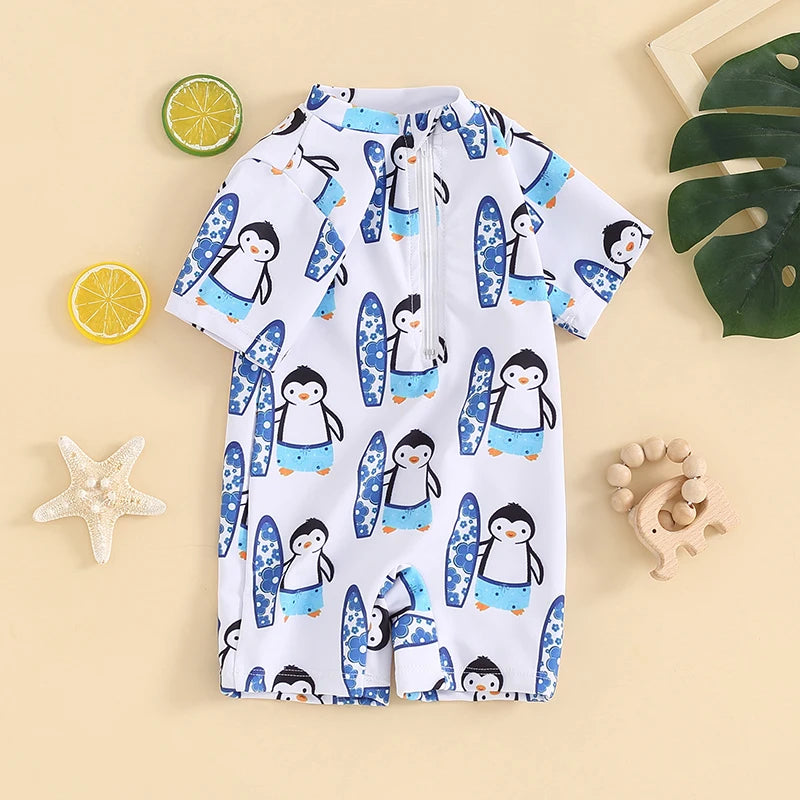 Baby Toddler Boy's Swimwear Short Sleeve Dinosaur Penguin Print Half Zip Up Rash Guard Bathing Suit