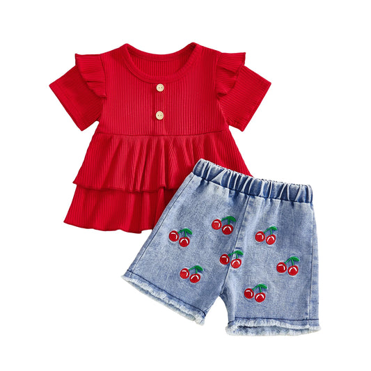 Baby Toddler Girls 2Pcs Outfit Fashionable Solid Color Short Sleeve Round Neck Babygirl Top and Cherry Print Shorts Set