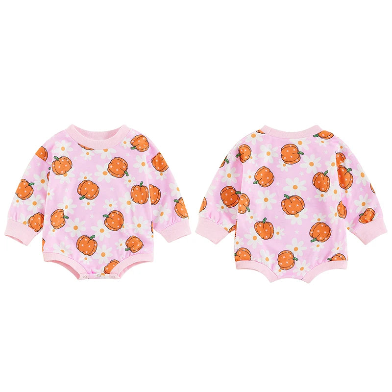 Baby Girls Halloween Romper Long Sleeve O Neck Pumpkin Flower Print Bubble Romper