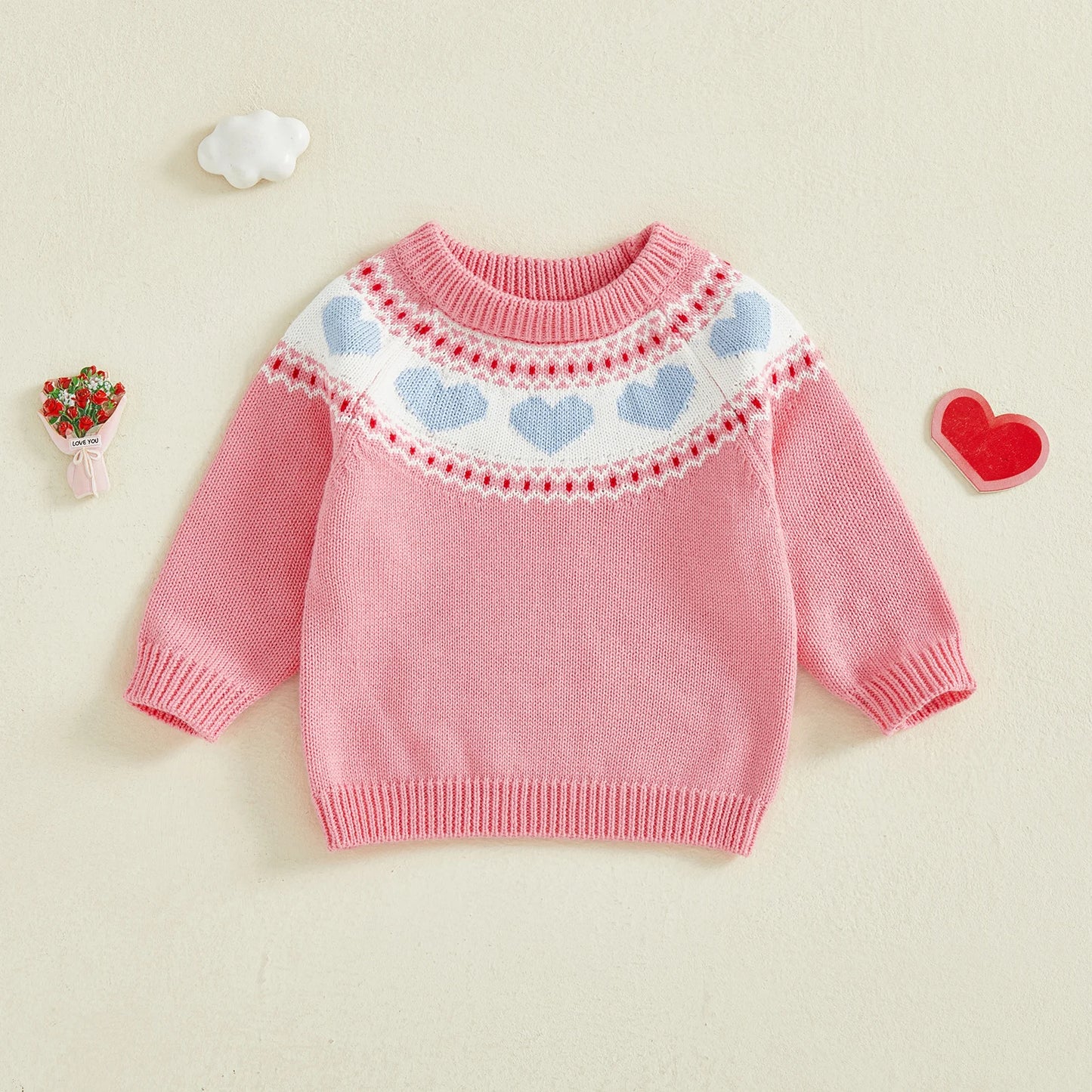 Baby Toddler Boy Girl Valentine's Day Sweater Heart Pattern Crewneck Long Sleeve Pullover Chunky Knit Top