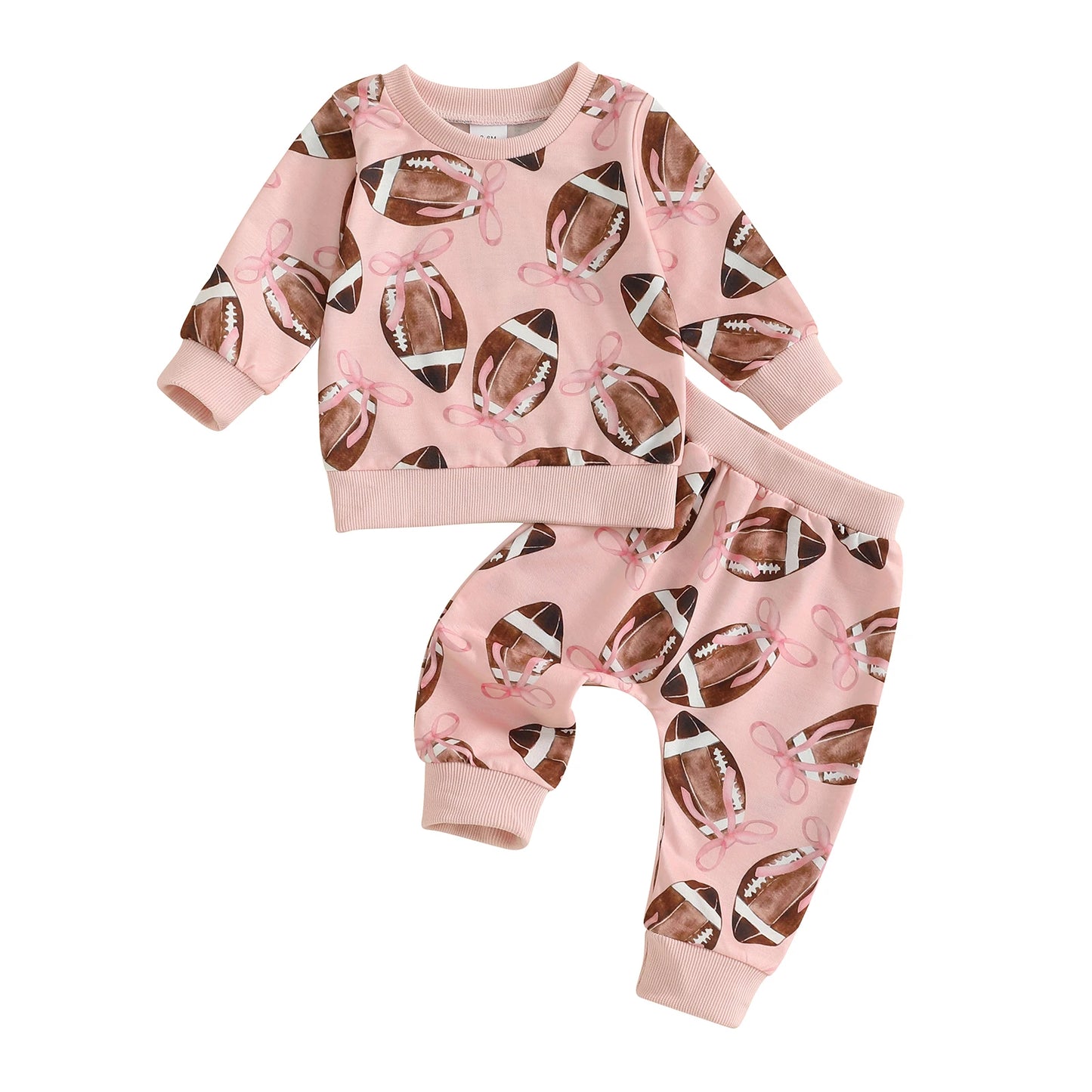 Baby Toddler Girls 2Pcs Fall Outfit Football Bow Print Crew Neck Long Sleeve Top with Pants Jogger Set