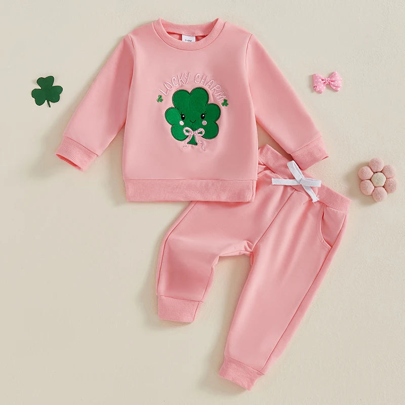 Baby Toddler Boys Girls 2Pcs Spring Outfit Lucky Charm Shamrock Letter Embroidery Long Sleeve Crew Neck Top with Drawstring Pants Jogger Set