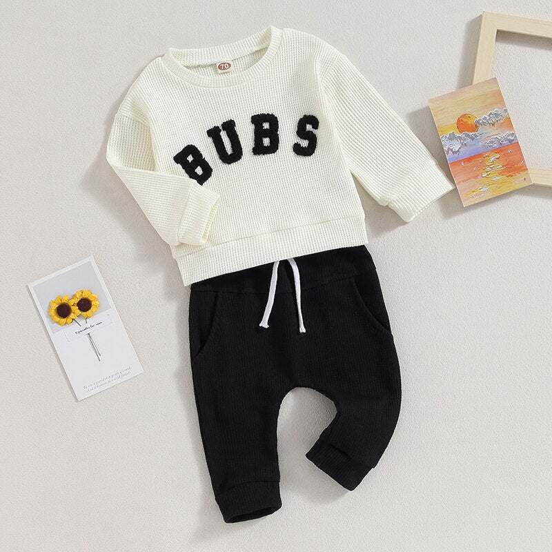 Baby Toddler Boys Girls 2PCS Long Sleeve Letter Embroidery Bubs Tops and Drawstring Pants Set