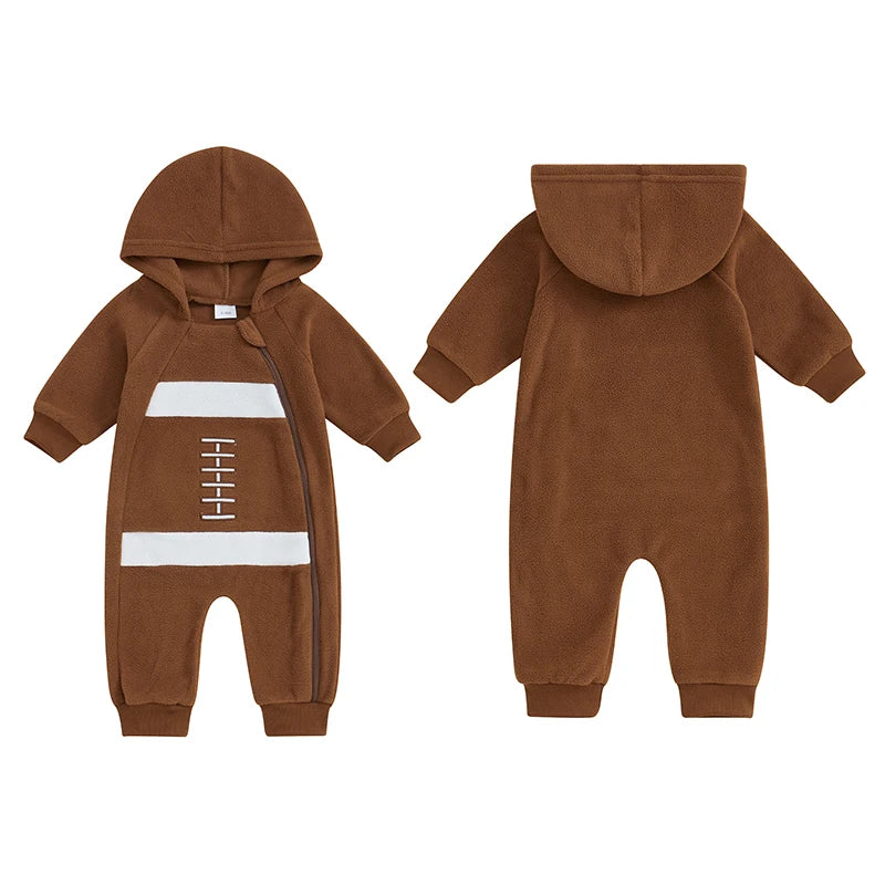 Baby Boys Football Pattern Zipper Romper Fleece Long Sleeve Full Length Zip Up Hooded Jumpsuit Fall