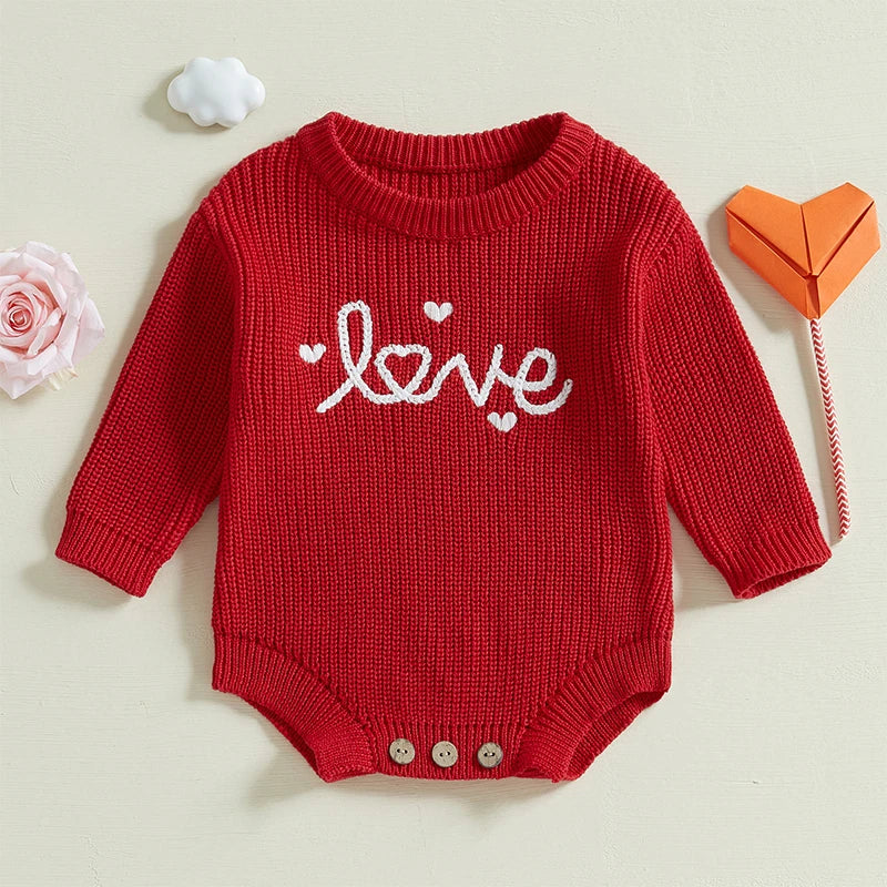 Baby Girl Boy Love Valentine’s Day Romper Long Sleeve O-Neck Letter Embroidery Knit Jumpsuit Sweater Bodysuit