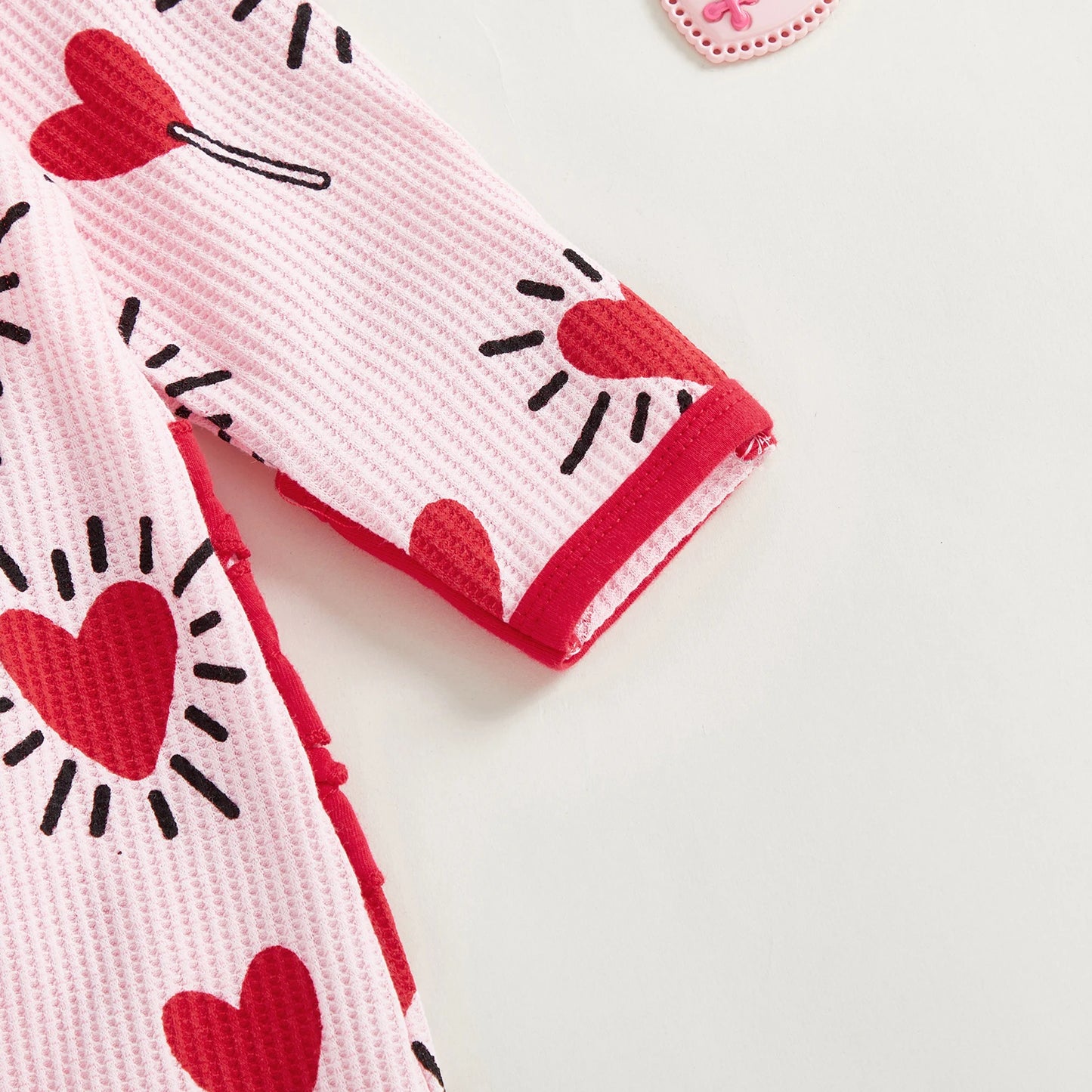 Baby Girl 2Pcs Valentines Day Zipper Romper Heart Candy Pattern Long Sleeve Zip Up Round Neck Footed Jumpsuit with Bow Headband Set