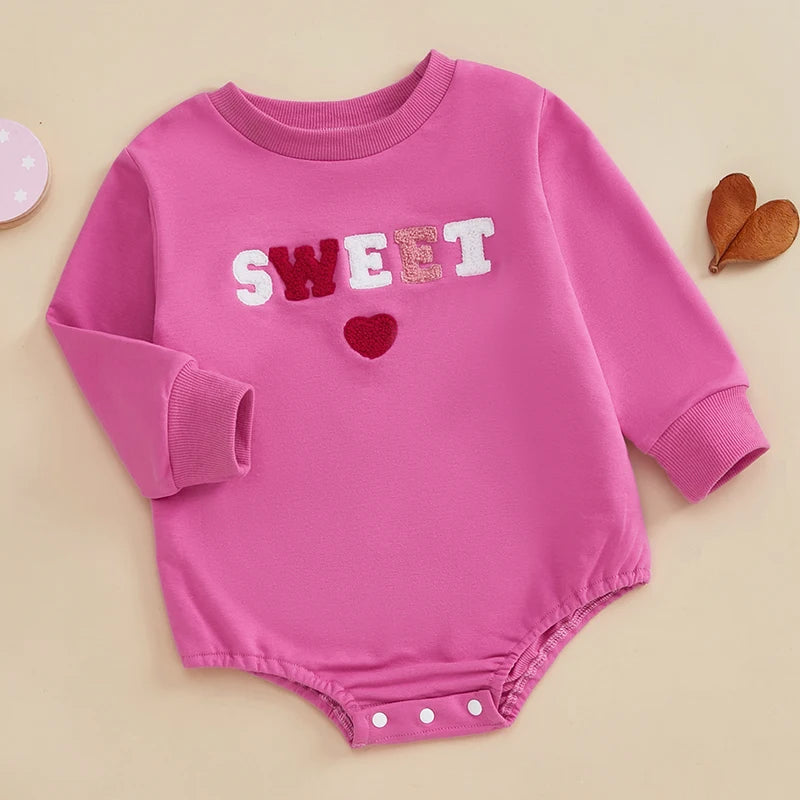 Baby Girls Bubble Romper Valentine's Day Be Mine / Kiss Me / Sweet Heart Letter Embroidered Long Sleeve Jumpsuit Valentines