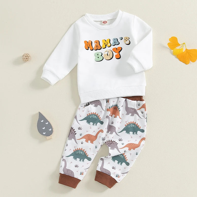 Baby Toddler Boys 2Pcs Mama's Boy Fall Outfit Letter Print Long Sleeve Top and Dinosaur Print Long Pants Set