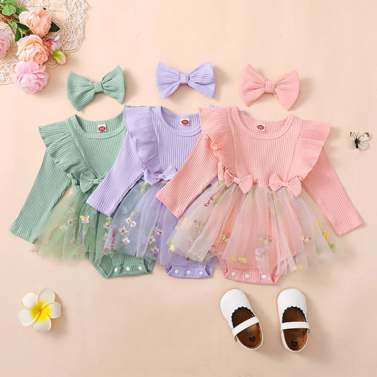 Baby Toddler Girls 2Pcs Outfit Floral Mesh Ruffles Long Sleeve Romper Dress Skirt Tutu and Headband Set