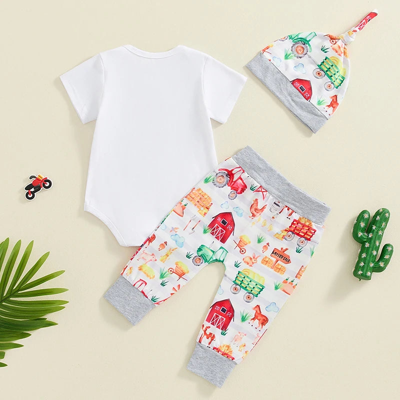 Baby Boys 3Pcs Daddy Let Me Drive Letter Print Short Sleeve Romper Farm Barn Tractor Print Long Pants Hat Outfit Set