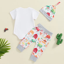 Load image into Gallery viewer, Baby Boys 3Pcs Daddy Let Me Drive Letter Print Short Sleeve Romper Farm Barn Tractor Print Long Pants Hat Outfit Set
